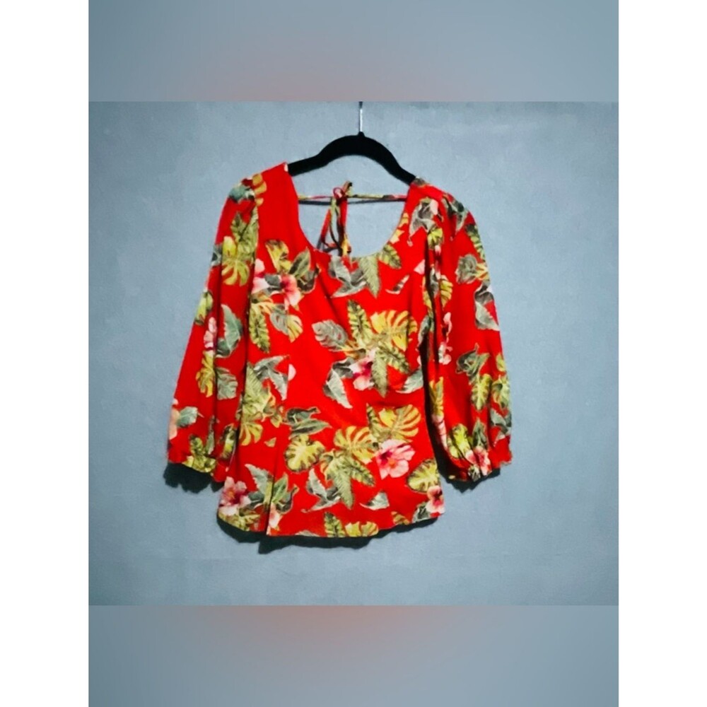 Boho Tropical Floral Smocked Peplum Tie-Back Blouse Medium